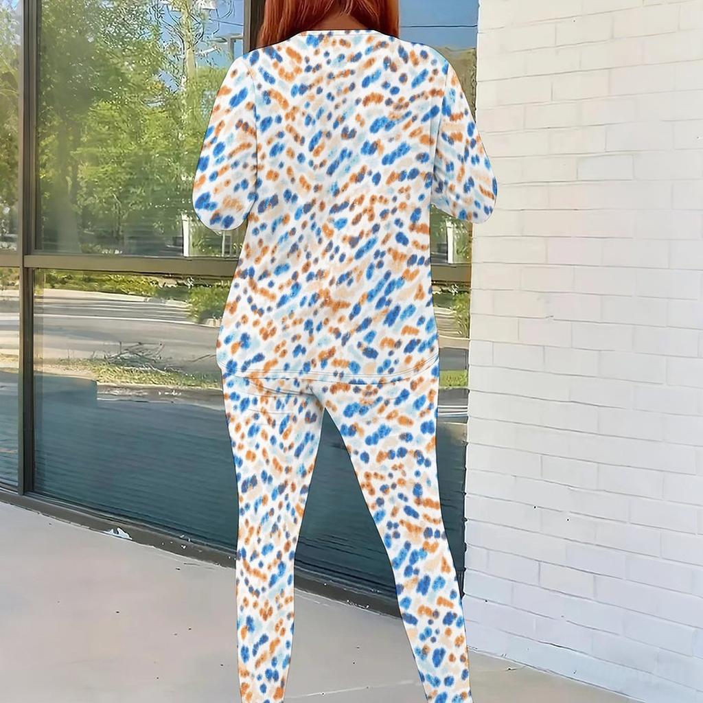 Women Plus Size Patchwork Printed Round Neck Long Sleeve Top And Fitted Pants Two Piece Set