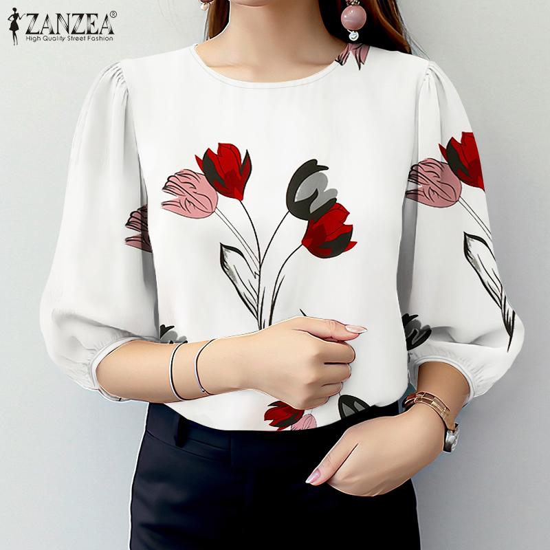 

ZANZEA Женская повседневная блузка с круглым вырезом и рукавом 3/4 с принтом 5XL белый