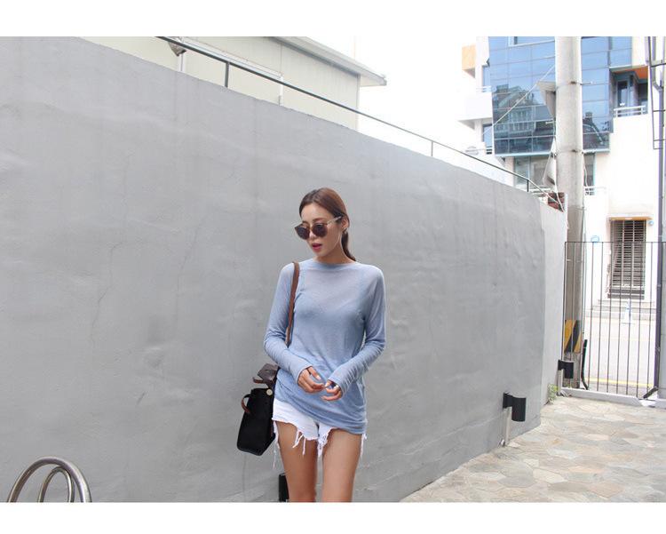Light Blue Sheer Long Sleeve Casual T-shirt for Women – Sexy and Comfortable