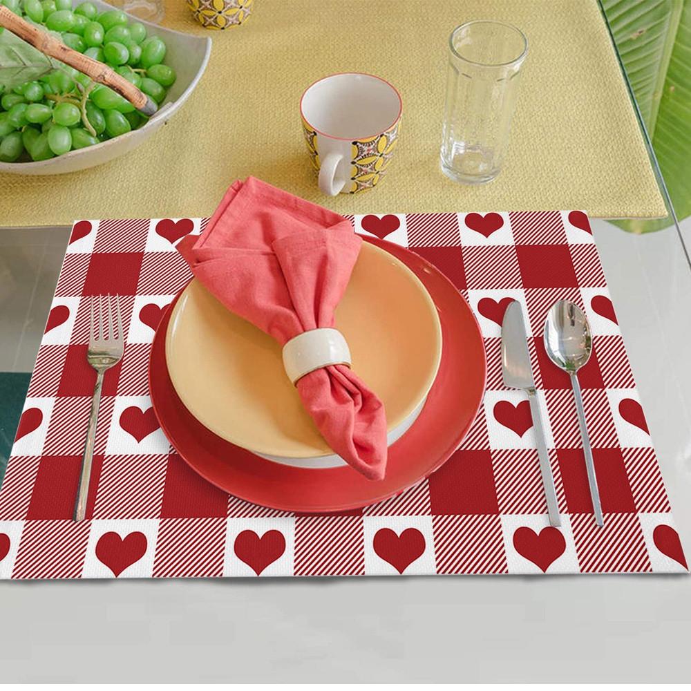4Pcs Valentine's Day Placemats Set Of 4 For Dining Table Cotton Linen Heat Table Mats  Washable Love Heart Red Check