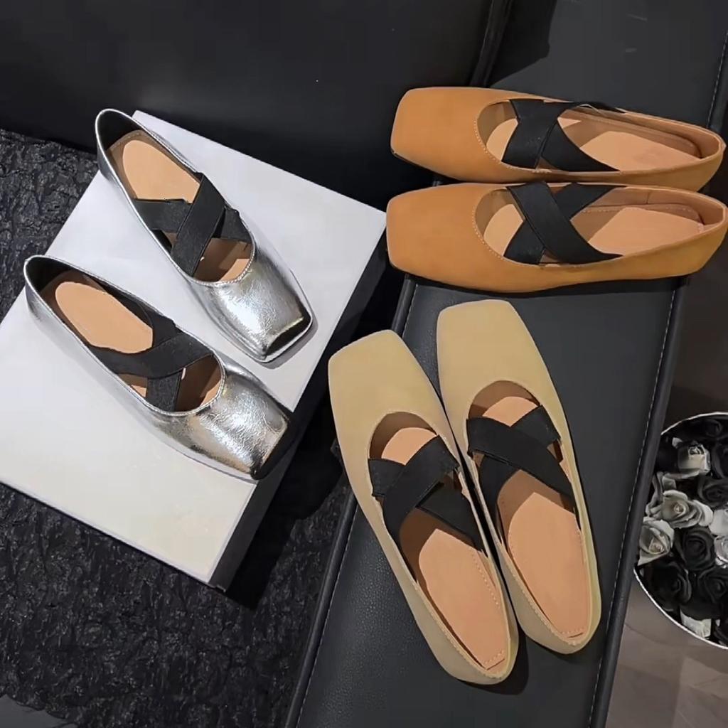 2025 Spring Square Head Light Mouth Soft Sole Single Shoes Women's French Flat Silver Ballet Shoes with Skirts Women's Shoes