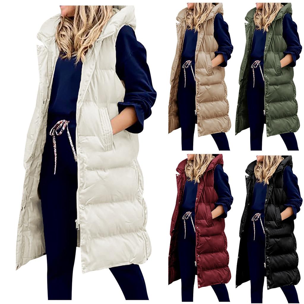 Womens Ladies Warm Plus Size Solid Color Hooded Single Breasted Medium Length Cotton Jacket Waistcoat Slim Cardigan Coat