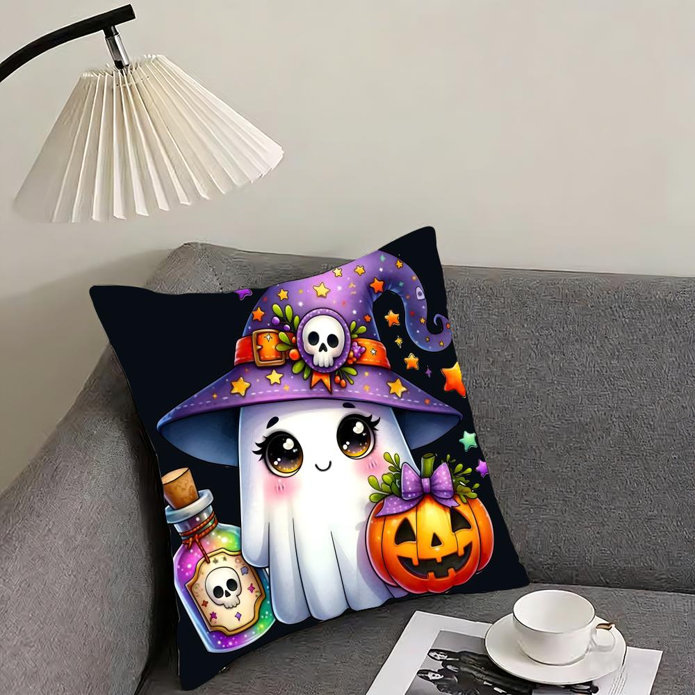 Cute Ghost with Pumpkin Cushion Cover Reversible Plush Pillow Cover – For car, sofa, bedroom, perfect as a gift.