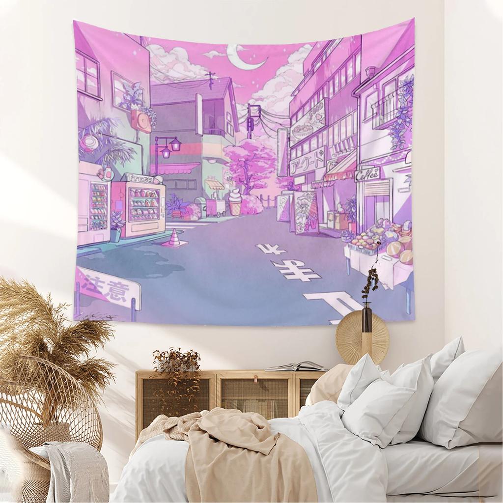 Pink Moonlight Tapestry Moon Night Japanese Wall Hanging Aesthetic Bedroom Decor College Dorm Home Decor Perfect Cozy Room Vibes