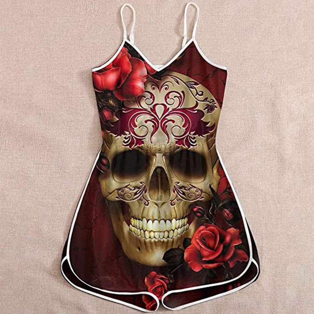 Wish Halloween print lady skull suspender jumpsuit