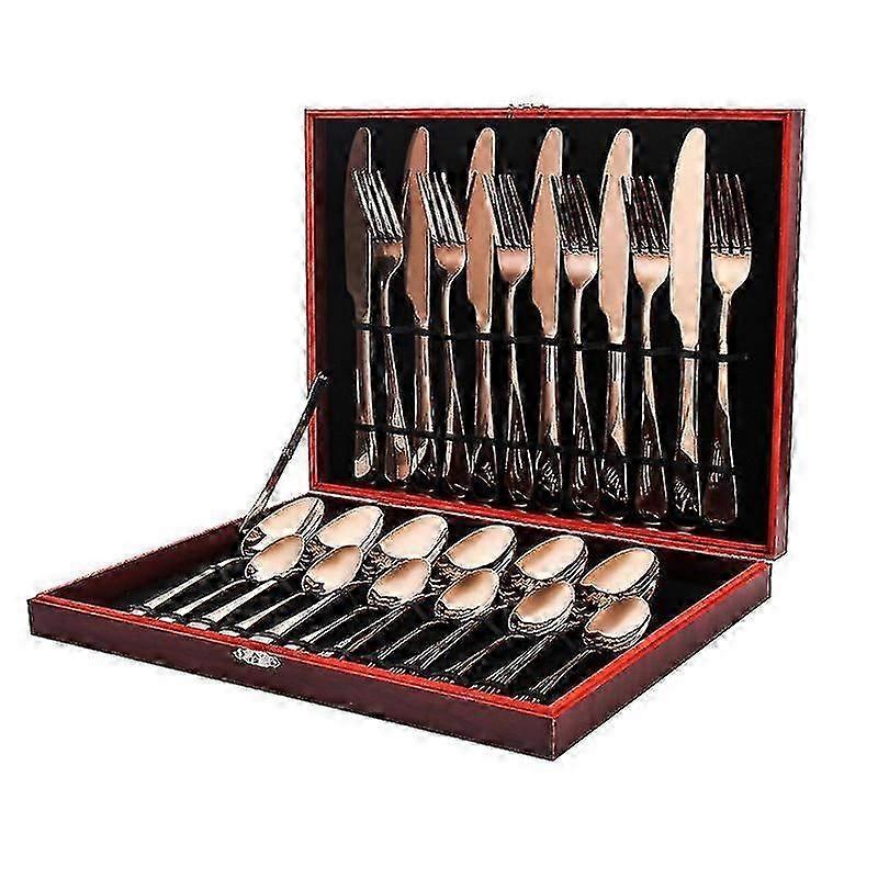 Cutlery, Set Of 24 Stainless Steel Cutlery, Cutlery With Wooden Boxrose Gold