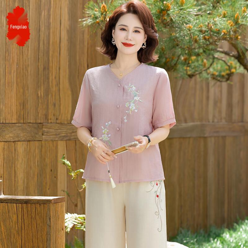 Middle-Aged Women s Summer Short Sleeve Linen Blend Set 2XL
