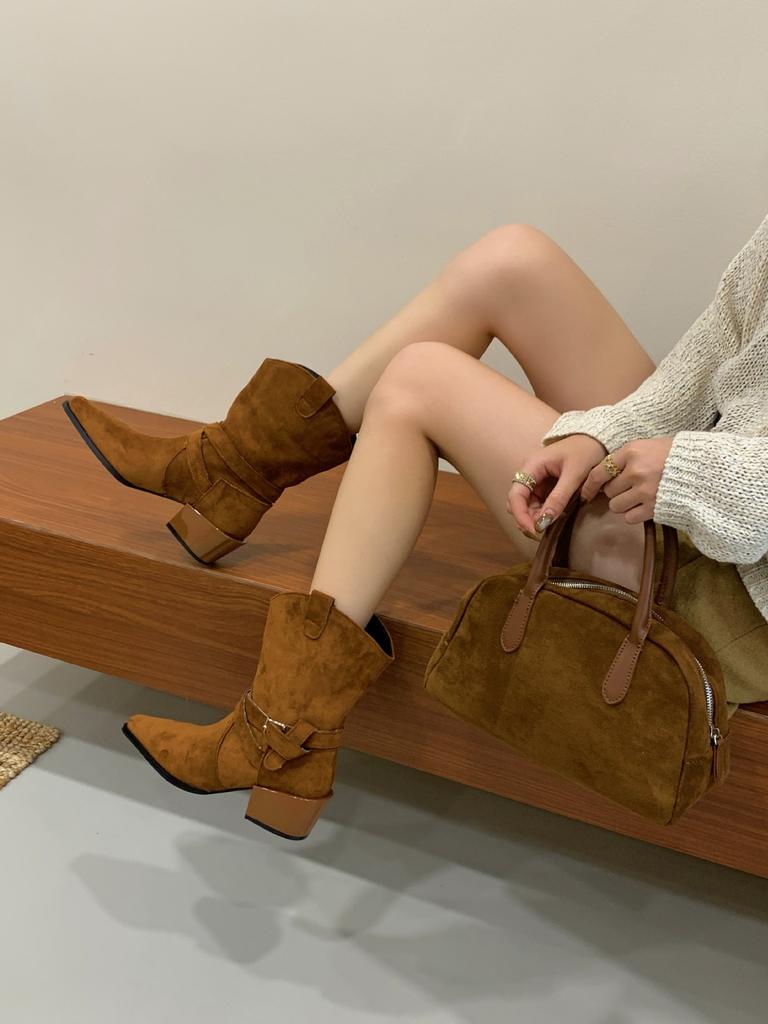 2025 New Pointed Belt Buckle Low Tube Thin Suede Fashion Martin Chelsea Women's Short Boots