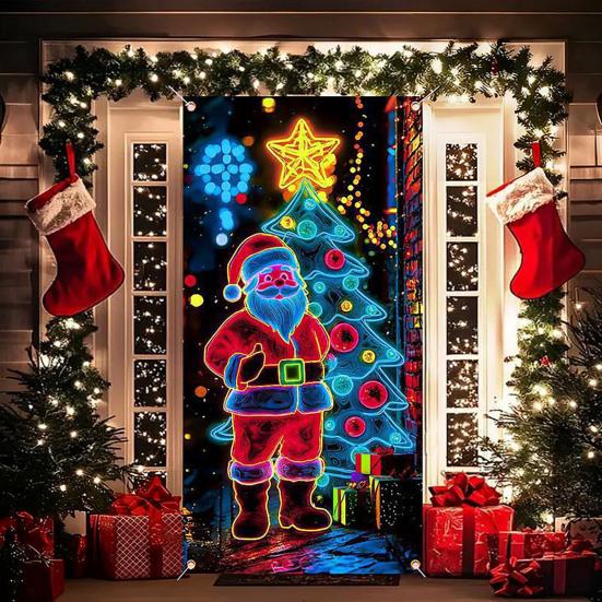 Fluorescent Christmas Door Cover UV Activated Glow-in-the-Dark Door Banner for Outdoor Indoor Holiday Decoration