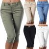 Women Pants Solid Color Mid Waist Button All Match Pocket Skinny Summer Slim-fitting Stretchy Pants Streetwear
