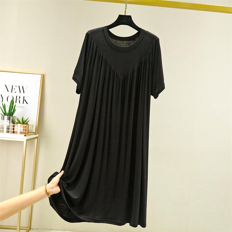 Modal Plus Size Summer Pleated Nightgown for Women – Loose, Mid-Length Home Dress