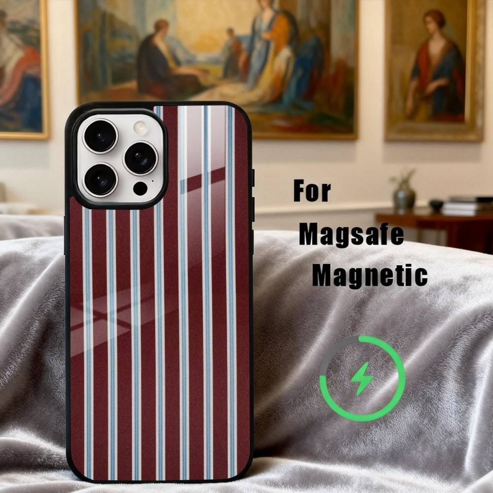 B-Burgundy W-White Stripe Phone Case For iPhone17,16,15,14,13,12,11 Plus,Pro Max Magnetic For Magsafe Wireless Charging