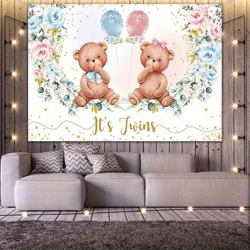 Double Bear Shower Background - Pink and Blue Floral Gender Disclosure Party Decoration, Balloon, Rose, and Gold Decorations
