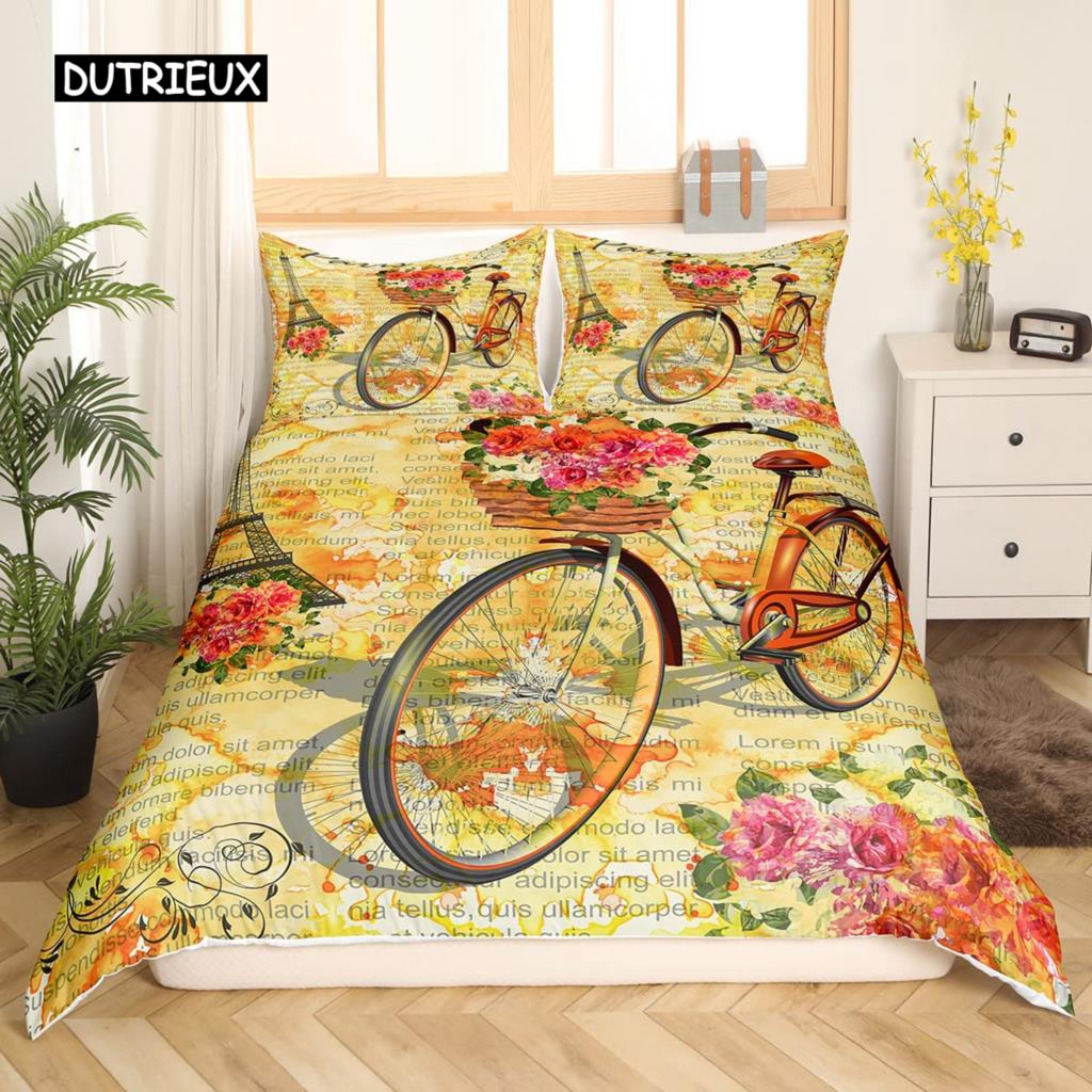 Valentine Day King Queen Duvet Cover Paris Eiffel Tower Bedding Set Pink Watercolor Tulips Flowers Balloon Polyester Quilt Cover