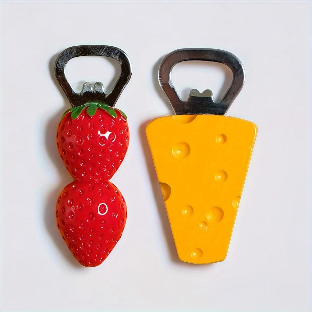 2pcs Cute 3D Magnetic Beer Bottle Openers , Strawberry , Cheese Designs for Refrigerator Decor, PVC Material