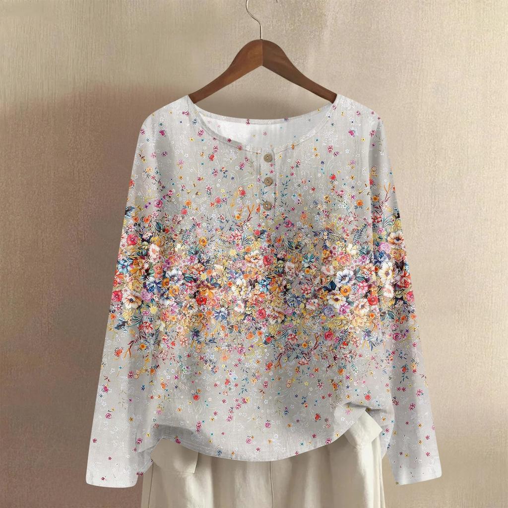 Women's Fashionable And Casual Shirt Long Sleeve Round Neck Solid-color Cotton And Linen Blouse Top