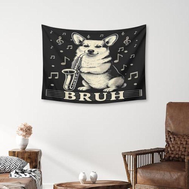 Funny Corgi Playing Saxophone Tapestry, Fashion Personality Wall Hanging, Bedroom Dormitory Aesthetic Home Decor