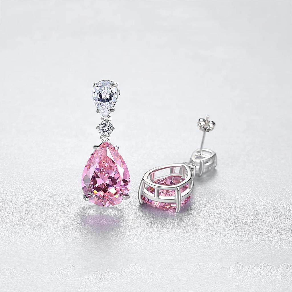 Bellitia Jewelry Engagement Royal Pink Zirconia Dangle Sterling Silver Gift for Women Earrings, Earrings, 925,