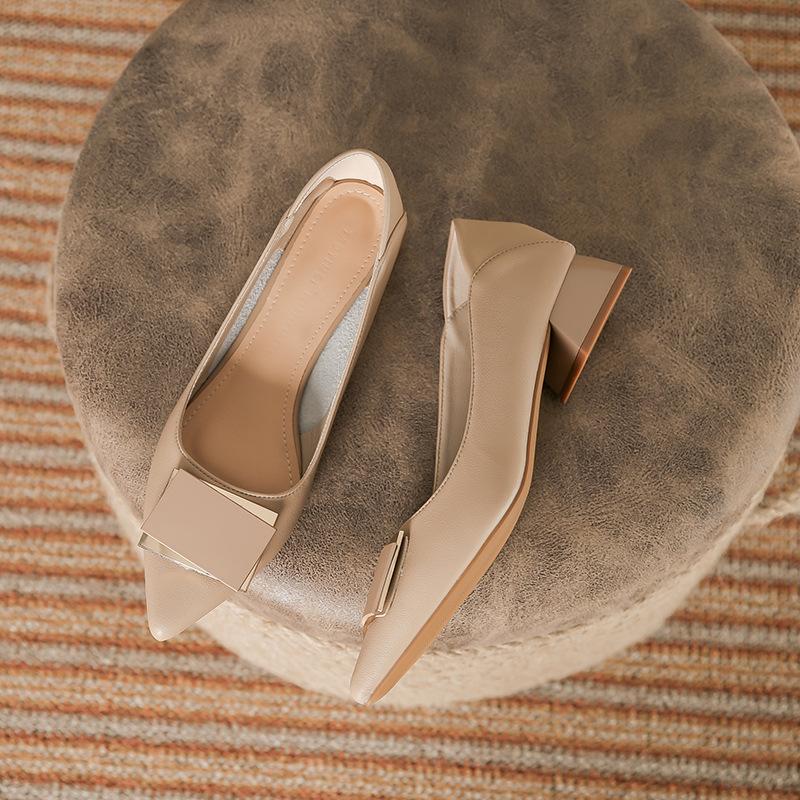 Leather black pointed thick heel low heel single shoes women's spring and autumn temperament versatile metal buckle professional commuter work women