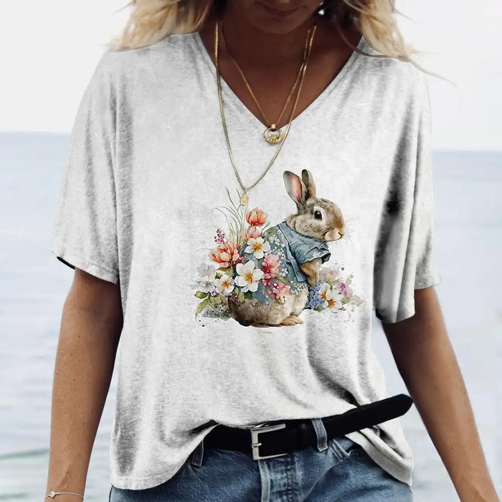 Ladies' V-neck T-shirt 3D Printed Animated Bunny Trendy Printed Short Sleeved T-shirt