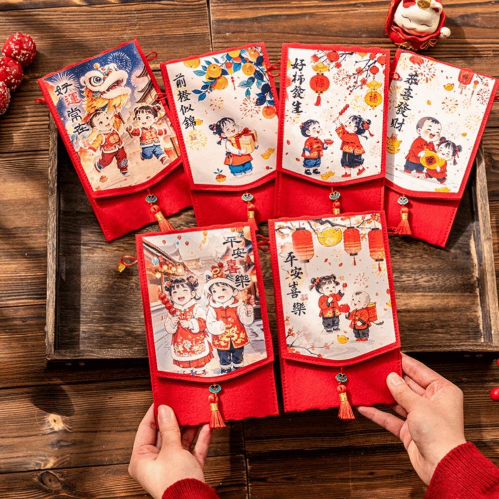 Traditional Spring Festival Cloth Red Envelopes Rectangular Chinese Style New Year's Blessing Bag Reusable with Hanging Rope