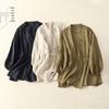 2024 V-Neck Waist-Cinching Cotton Linen Pullover with Five-Quarter Sleeves - Women's Loose, Slimming & Versatile Top