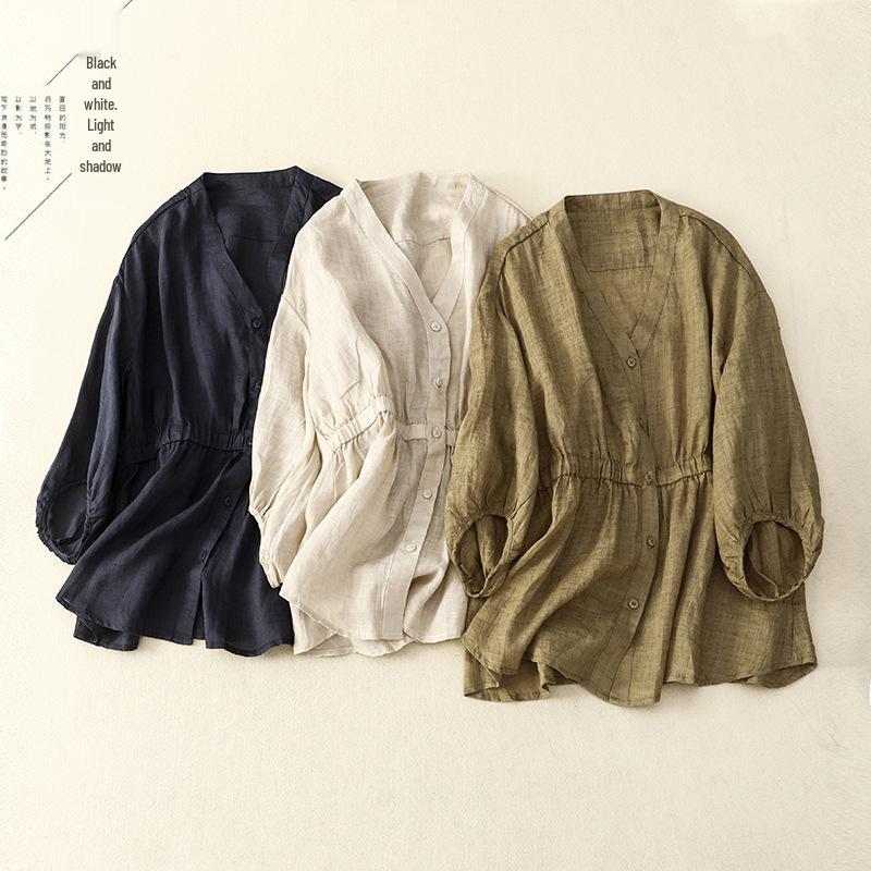 2024 V-Neck Waist-Cinching Cotton Linen Pullover with Five-Quarter Sleeves - Women's Loose, Slimming & Versatile Top