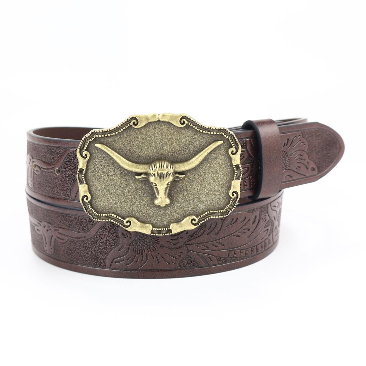 

Western Denim Belt, Bull Head Big Board Buckle, Retro Silver And Green Men S Punk Leather Fried Street Belt XL (length 125cm, width 3.8cm)