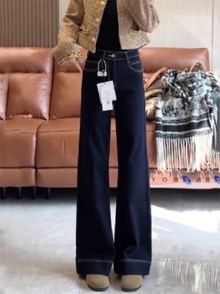 2025 Petite Women's Slimming High-Waisted Micro-Flare Velvet Jeans In Deep Blue for Autumn/Winter