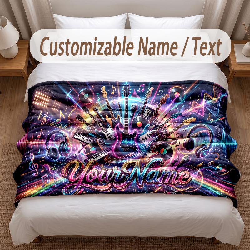 Music General Theme Soft Blanket Personalized Custom Name Text Print Warm Blanket Home Sofa Bedroom Decor