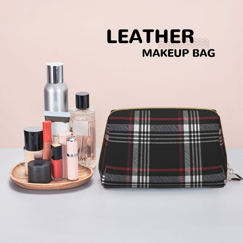 GTI Tartan Plaid Leather Makeup Bag Women Waterproof Travel Toiletry Pouch Cosmetic Bag Portable Multifunctional Storage Bags
