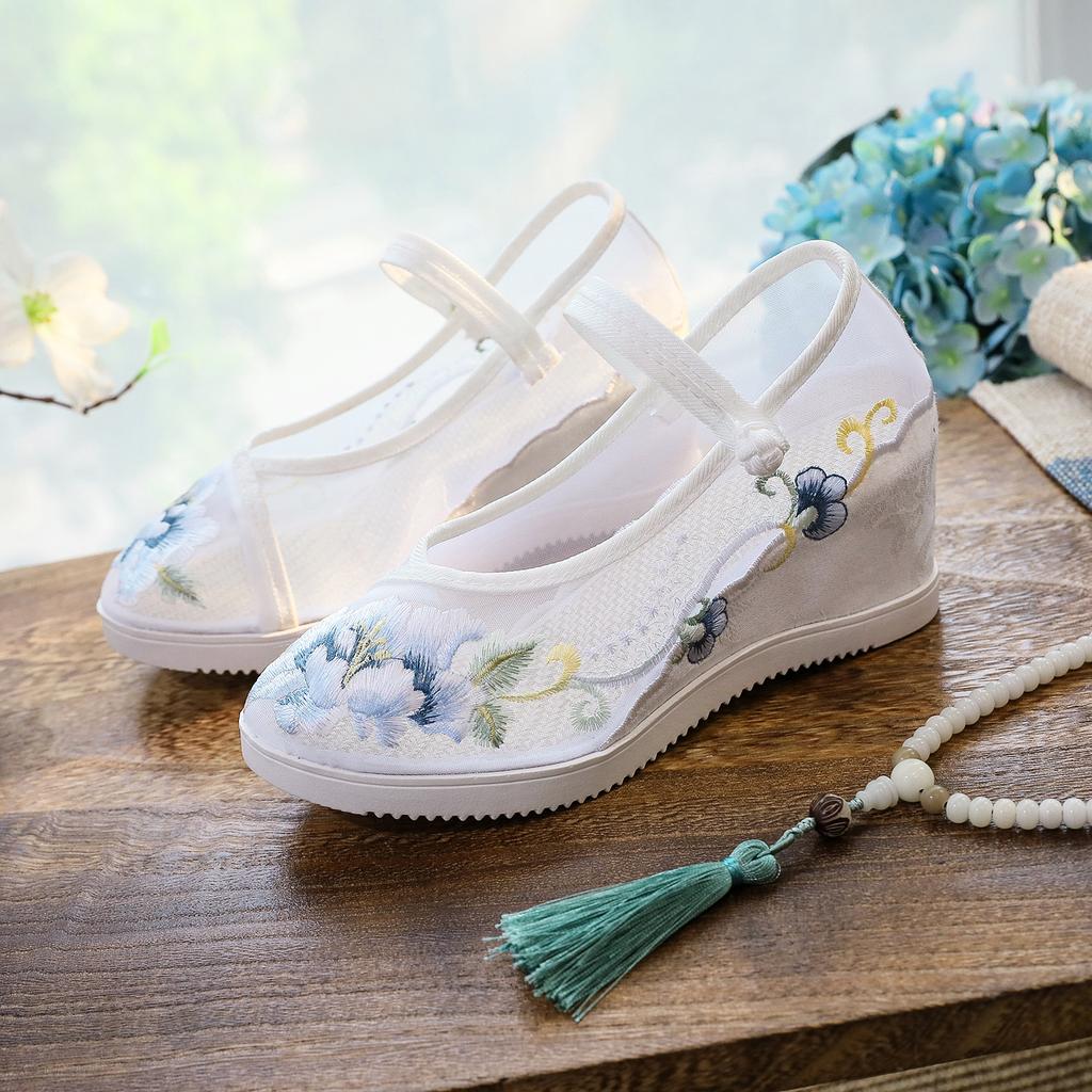 Mesh Lingyue, New Inner Height Increase Round Head Old Beijing Cloth Shoes for Women with Hanfu High Heel Platform Embroidered Shoes