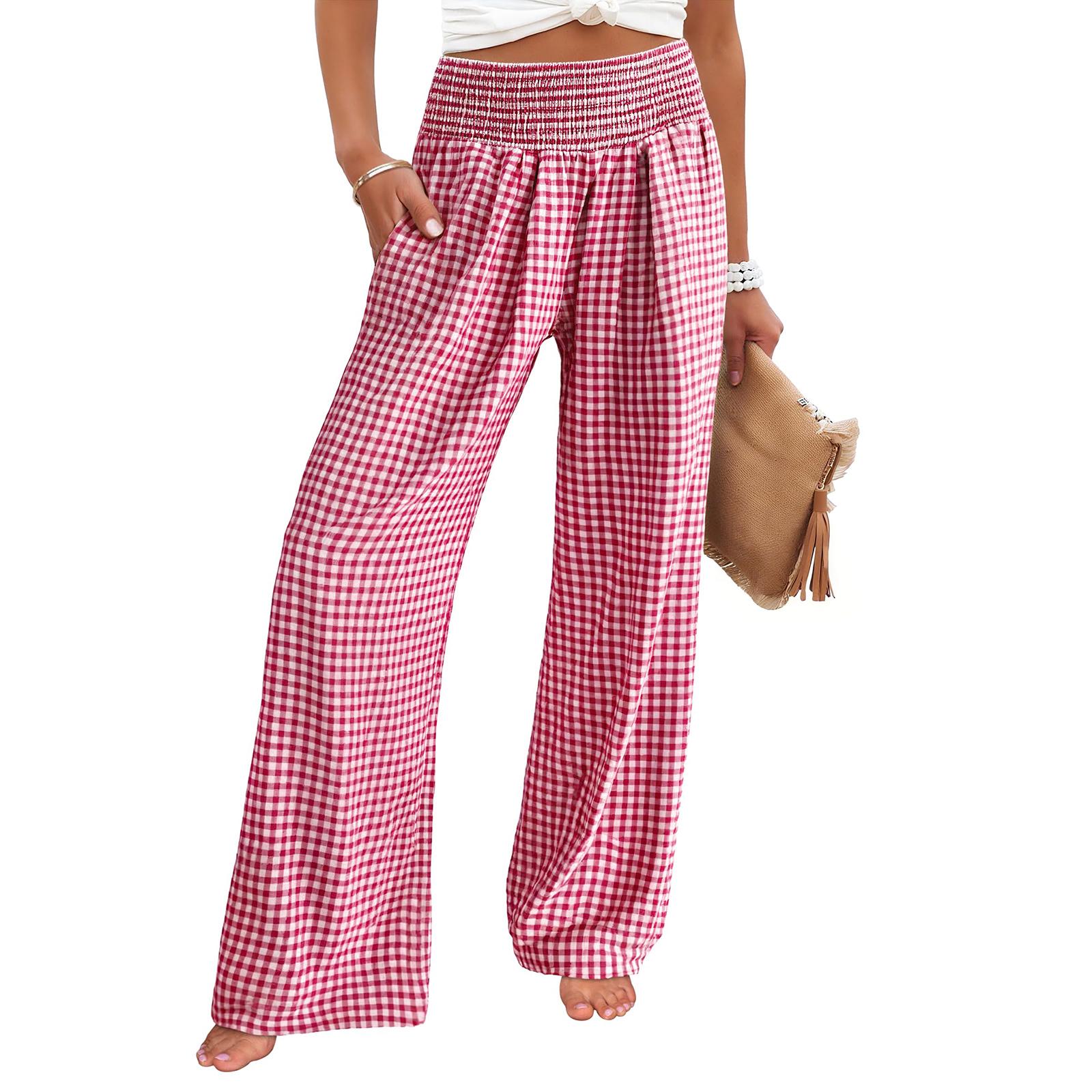 

Women’s High Waist Wide Leg Pants Elastic Waistband Print Lightweight Loose Fit Trousers for Casual Wear XL червоний