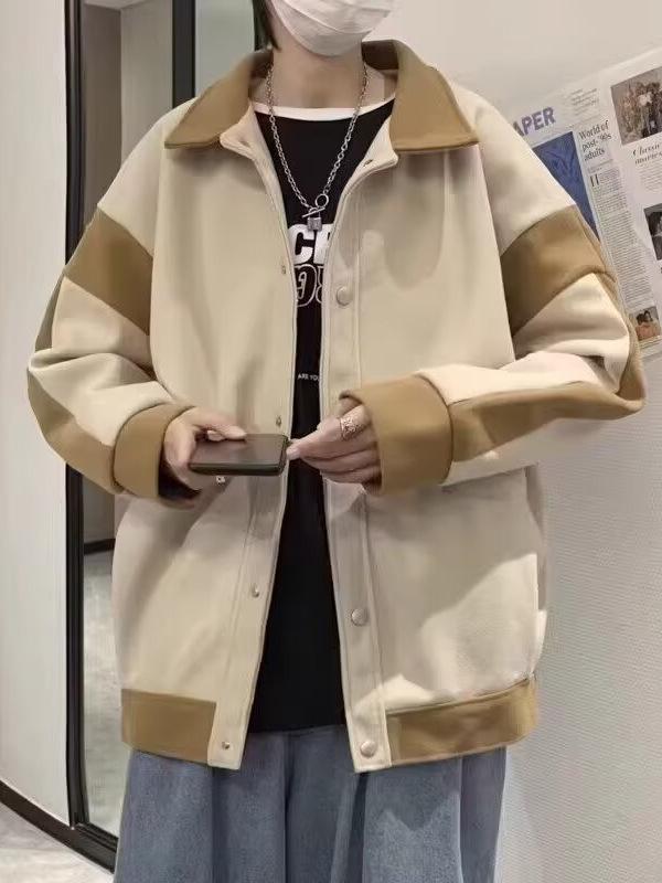 Men's Oversized Patchwork Wool Coat – Hong Kong Style Loose Fit Lapel Jacket, Trendy Korean Casual Design