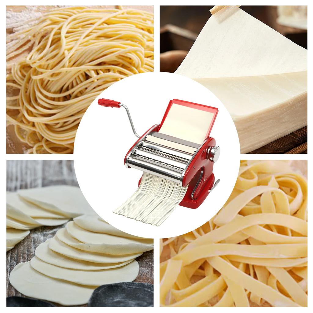 Pasta Maker Machine, Manual Noodle Maker with 3 Blades, 6 Adjustable Thicknesses, Red Stainless Steel, Ergonomic Handle,