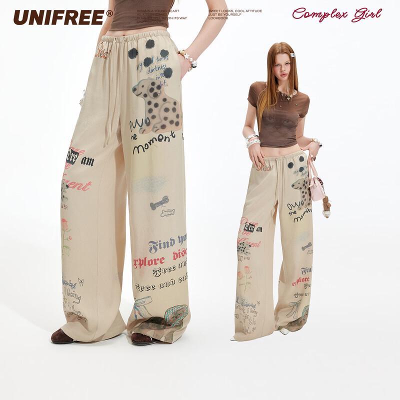 UNIFREE Sweet Pet Graffiti Print Casual Pants M