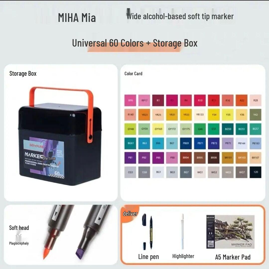 Mia Soft Head Marker Pen Set: 60 Double-Ended, Non-Bleeding, Quick-Dry Alcohol Markers, Perfect for Students and Anime Art with 80 Color Options