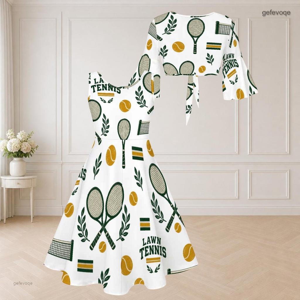 Women Plus Size Sleeveless Two Piece Midi Dress Set Tie Front V Neck 3 4 Sleeve Hiking Print White