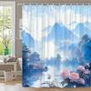 1pc Fantasy Landscape Bath Curtain - Misty Blue Mountains, Pink Cherry Blossoms & East Asian Pagodas Reflective Lake Ethereal