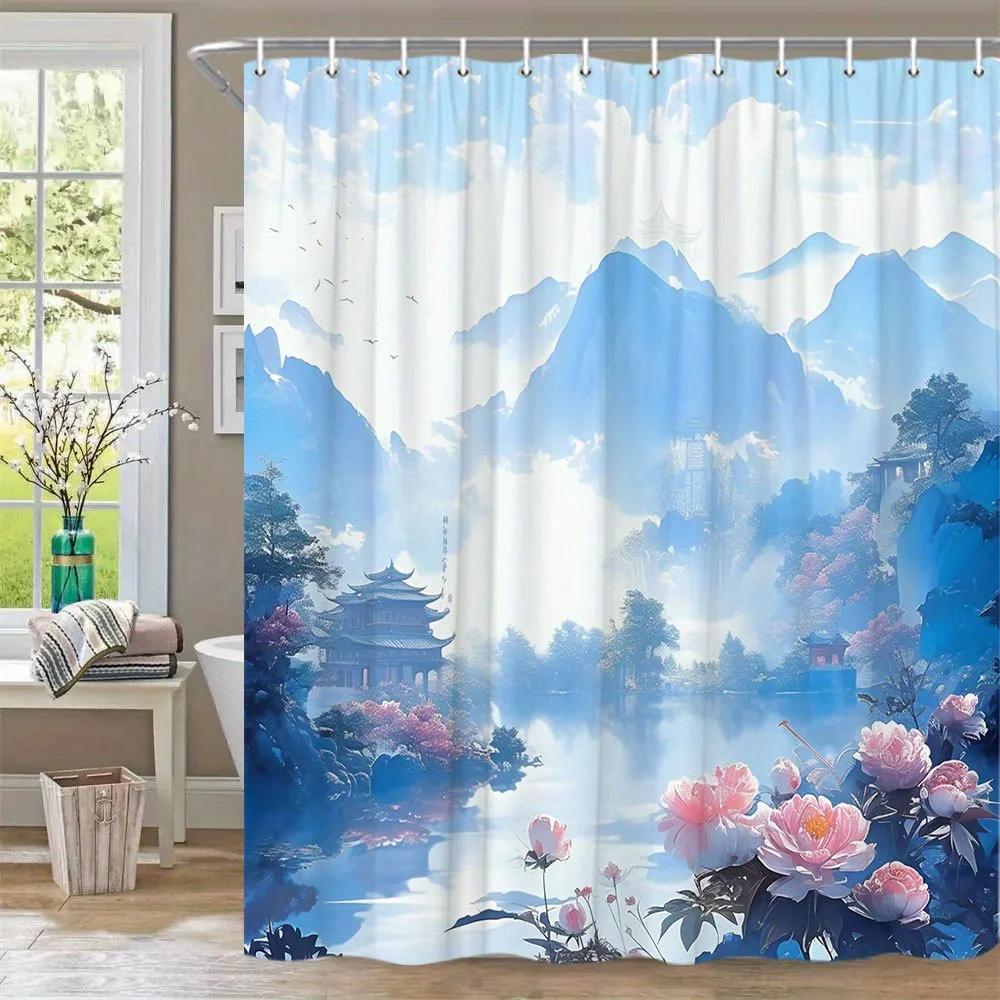 1pc Fantasy Landscape Bath Curtain - Misty Blue Mountains, Pink Cherry Blossoms & East Asian Pagodas Reflective Lake Ethereal