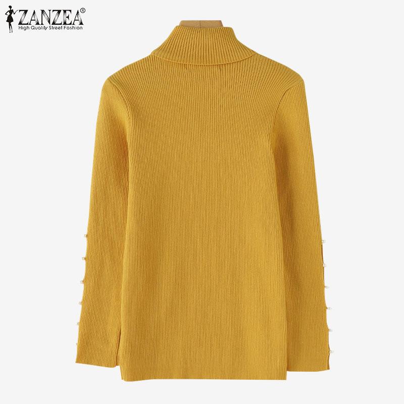 ZANZEA Women Turtleneck Pearl Stitching Long Sleeve Thin Casual Knitted Sweater Tops