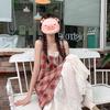 Blue plaid suspender dress women's new summer vacation two pieces seaside wear skirt vacation dress