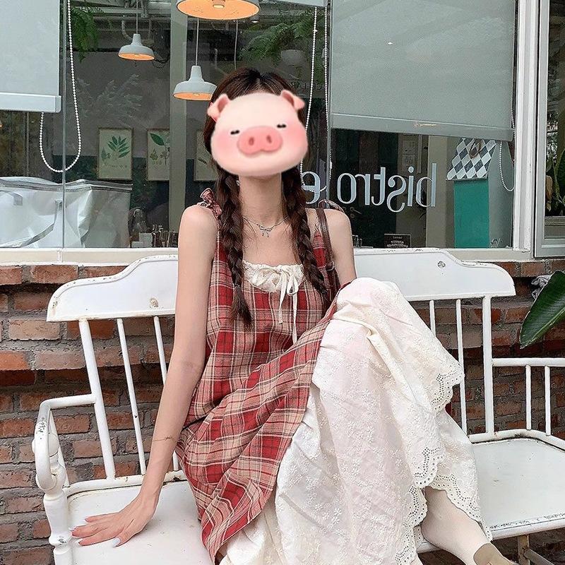 Blue plaid suspender dress women's new summer vacation two pieces seaside wear skirt vacation dress