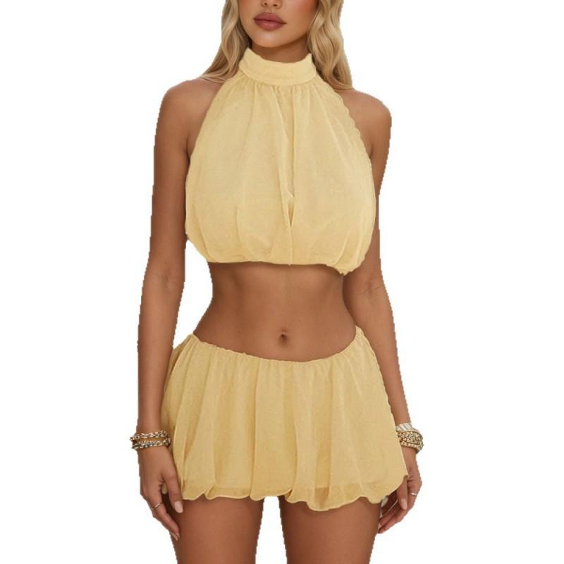 Damenkleidung Unifarbene Neckholder-Bauchfreier Sexy Kurzer Rock Lässiger Anzug