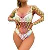 Sexy Bodysuits Rainbow Hollow Out Long Sleeves Fishnet Women Perspective Transparent Beachwear Bikini Cover Up Rave Party CT008