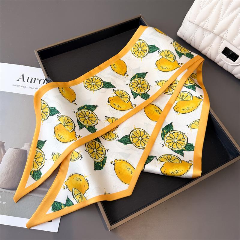 2025 New Korean Fruit Pattern Narrow Long Satin Scarf For Women With Hair Tie Scarf Professional Scarf Ribbon Tied Bag