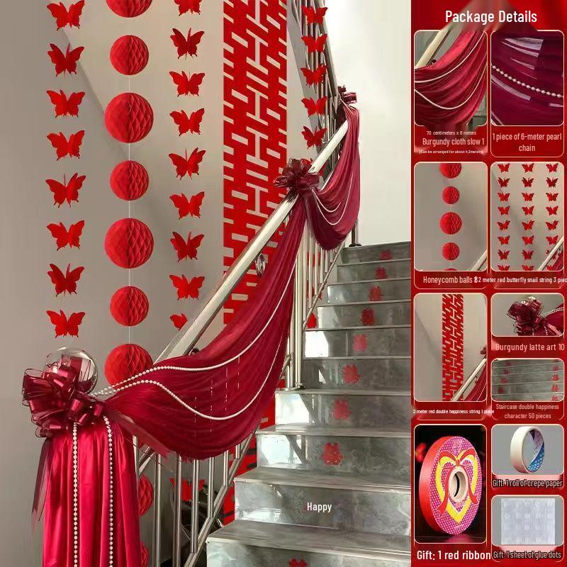 Elegant Stair Handrail Decorations: Gauze Curtains, Red Banners, Lanterns, and Flowers for Wedding Halls
