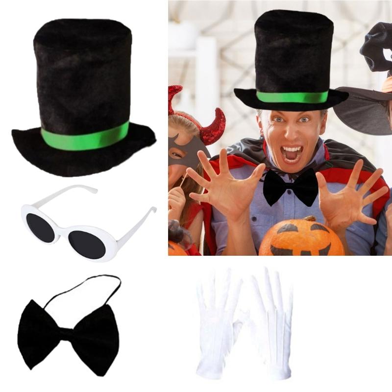 4Pcs Green Halloween Costume Accessories Costume Top Hat Necktie Sunglasses White Gloves for Cosplay Dressing Up Party