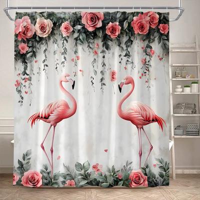 Tropisk Djungel Flamingo Duschdraperier Djur Sjö Lotusblommor Palmträd Växt Skogsscen Tygbadrumsgardin Dekor