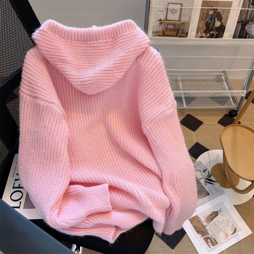 Women Hooded Knitted Sweaters Solid Simple Lace Up Loose Casual Sweet Pullovers Fashion All Match Pocket Gentle Female Jumpers